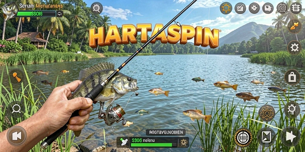 Tampilan gameplay seru dalam HARTASPIN saat memancing di danau.